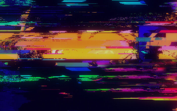 Abstrakte Grafik mit bunten digitalen Störungen und horizontalen Farbflächen in Neonfarben. Das Bild erinnert an einen Bildschirm mit Glitch-Effekt.