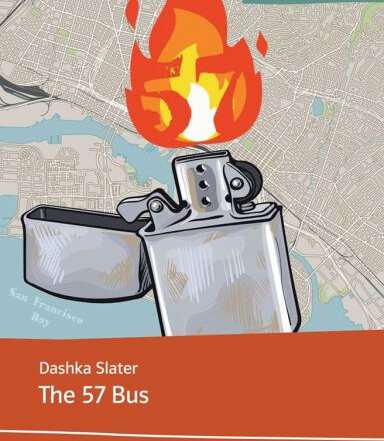 Das Buchcover zeigt ein silbernes Feuerzeug, aus dem stilisierte Flammen aufsteigen, vor einem Stadtplan-Hintergrund. Darunter stehen der Titel „The 57 Bus“ von Dashka Slater, die Bezeichnung „Klett English Editions“ sowie das Klett-Logo.