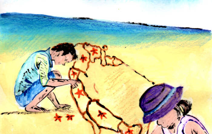 Die Illustration zeigt zwei Personen an einem Strand, die aus kleinen roten Seesternen die Umrisse einer menschlichen Figur im Sand gestalten. Im Vordergrund steht ein Stapel Bücher, während Meer, Himmel und Wolken den Hintergrund bilden.