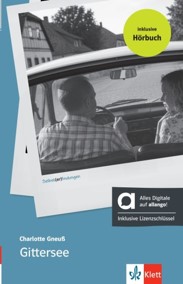 Auf dem Bild ist der Titel „Gittersee“ von Charlotte Gneuß zu sehen, dessen Cover zwei Personen in einem Auto vor einer Landschaft zeigt,. Ergänzt wird das Motiv durch Hinweise auf das inklusive Hörbuch und die digitale Ausgabe.