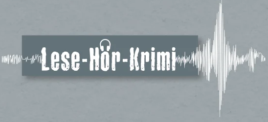 Das Bild zeigt ein graues, schlichtes Design mit einer weißen Schallwelle im Hintergrund. In der Mitte steht in auffälliger, verspielter weißer Schrift der Titel „Lese-Hör-Krimi“. Die Kombination aus Schallwelle und Schrift vermittelt direkt das Thema Hören, Lesen und Krimi.
